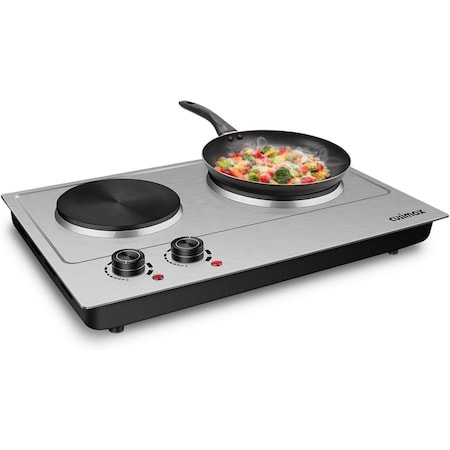 Cusimax 1800W Portable Double Hot Plate, Stainless Steel Countertop Cooktop, Silver CMHP-C180S